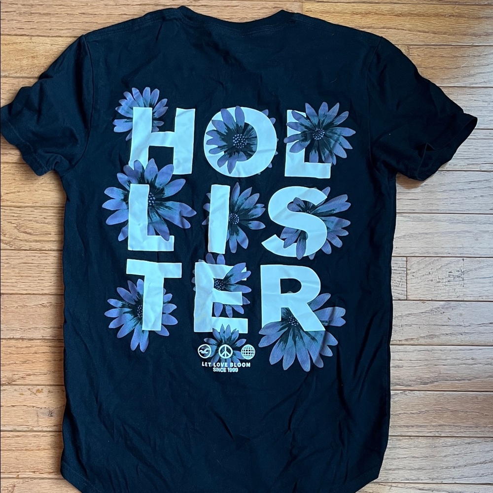 Hollister Black Tee with Blue Floral Graphic